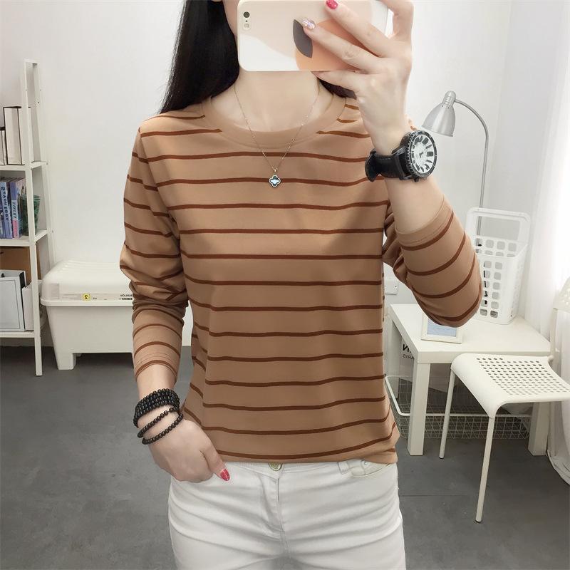 Autumn Spring Women's Plus Size Long-Sleeve Striped Cotton T-Shirt Striped Base Shirt for Outerwear
