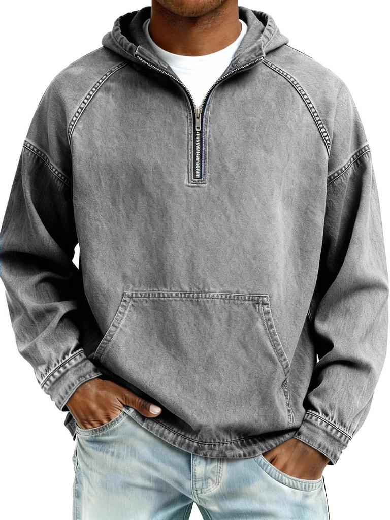 Men's Distressed Retro Long Sleeve Hooded Zip-Up Hoodie