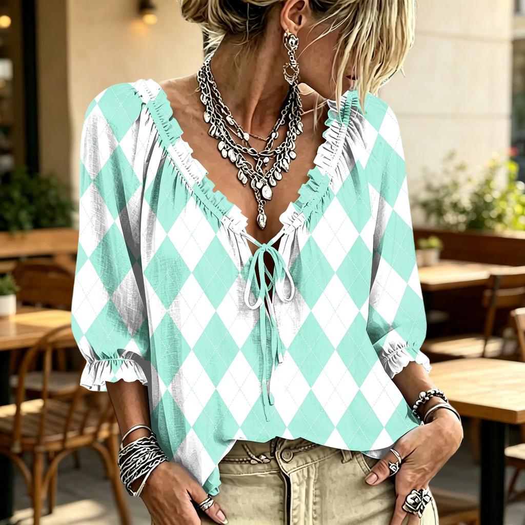 Women's Casual Print Ruffle V-Neck Tie-Front Top for Everyday Wear