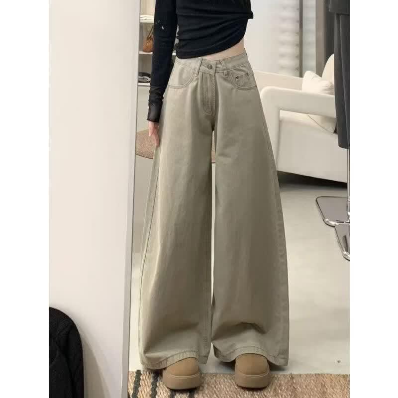 Zuo Se Women s Khaki High-Waist Wide-Leg Jeans M