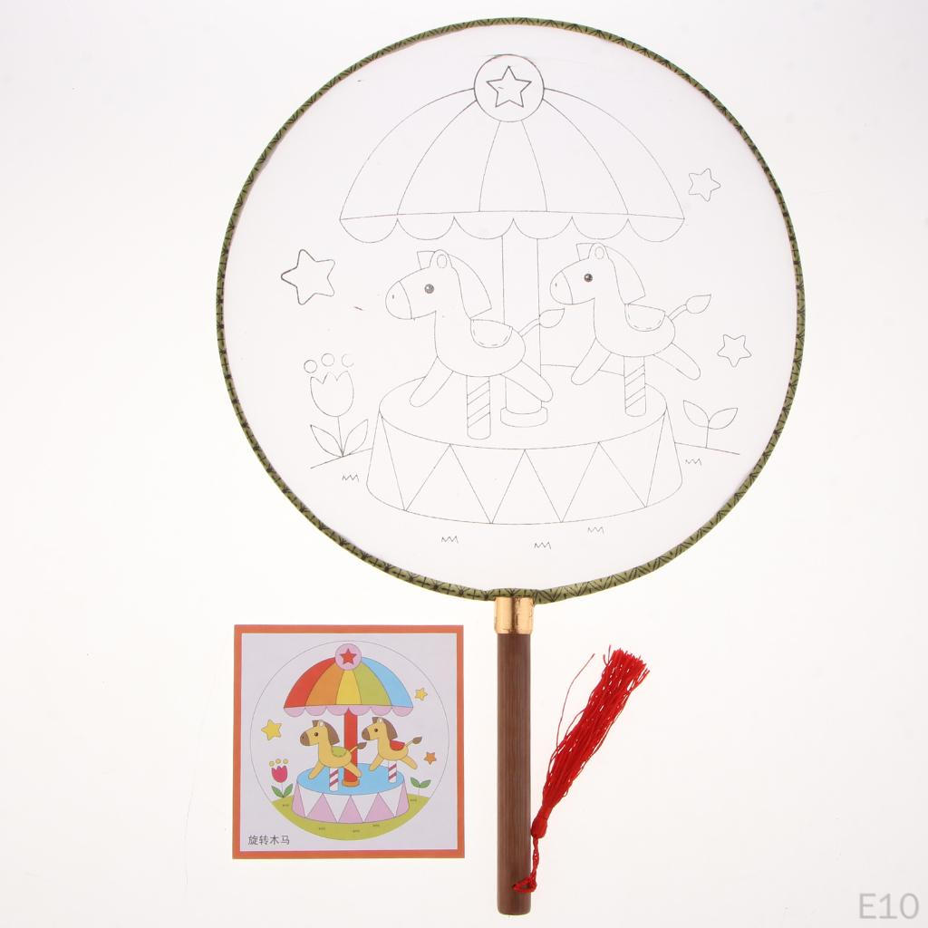 1 piece Ancient Handheld Fan Round Paddle Mandarin Handle with Fabric, Blank Patterns