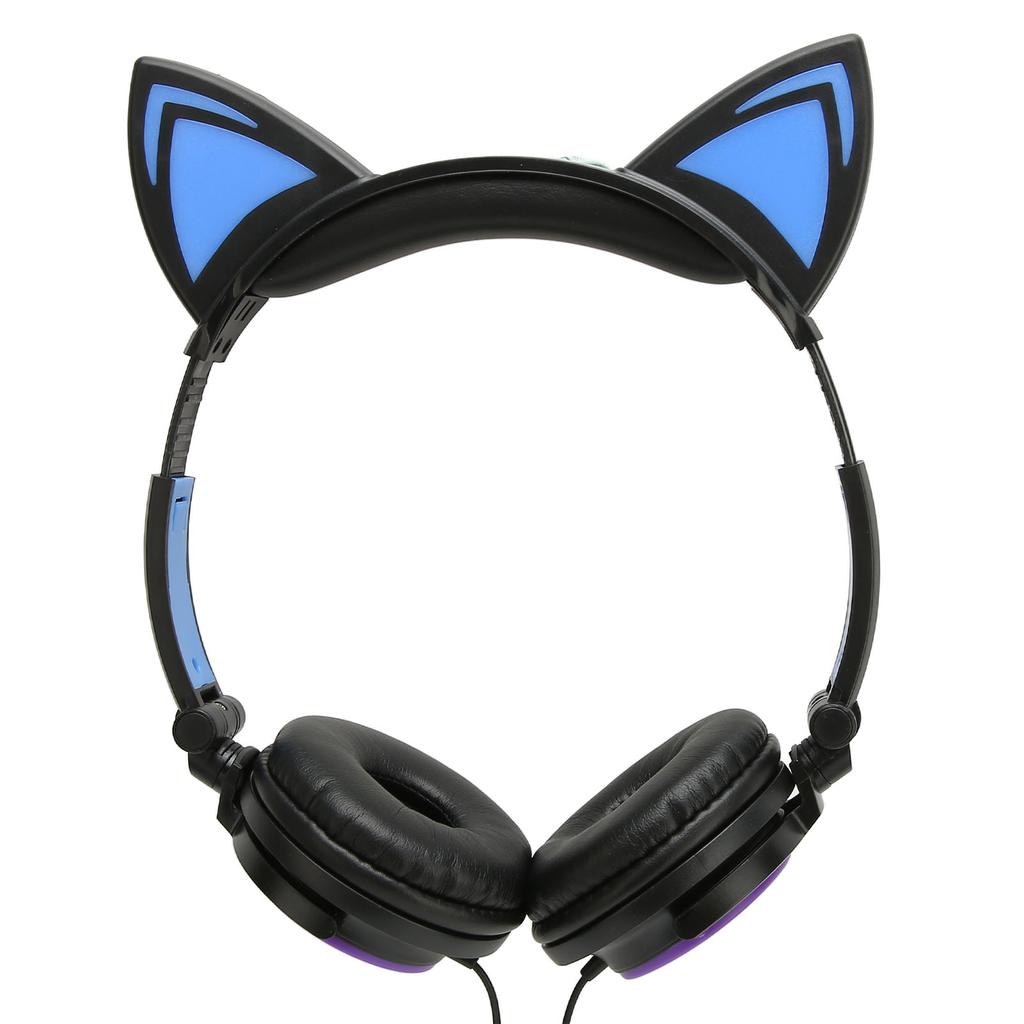 Cat Ear Wired Headphone Noise Reduction Cute Kids Cartoon Headset with LED Light for Tablets Computers Cell Phones