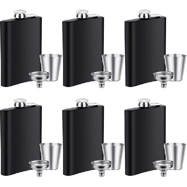 Elcoho 6 Sets 8 Ounce Stainless Steel Hip Flask Fluid-tight Flask Set with 6 Pieces Stainless Steel Shot Cups and Funnel 6