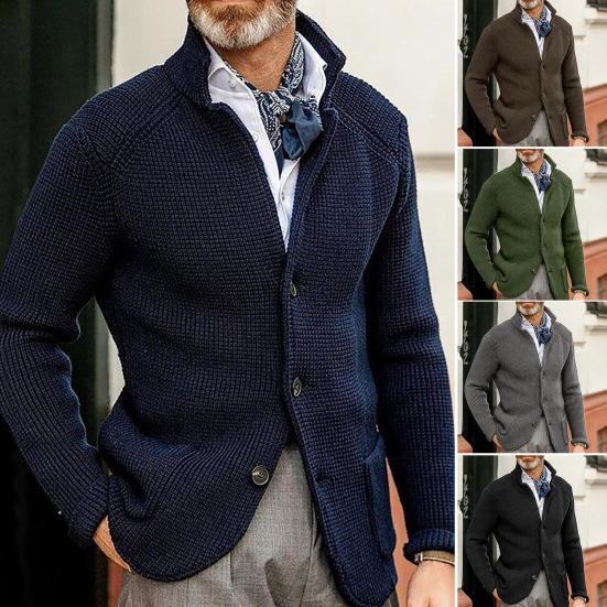 Stand Collar Long Sleeve Pockets Thickened Sweater Coat Men Autumn Winter Solid Color Buttons Placket Knitted Outerwear
