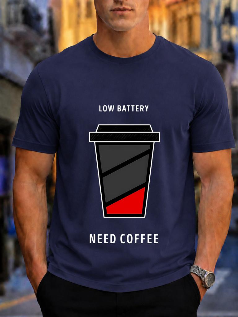 2026 New Arrival Pure Cotton Tshirt Low Battery Need Coffee Funny Coffee Cup Print Crew Neck Unisex Casual Short Sleeve