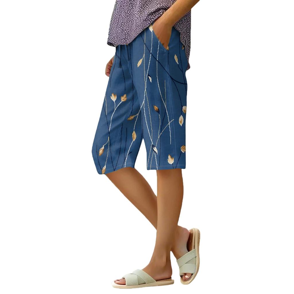 Women's Summer Fashion Retro Floral Polka Dot Print Knee Length Lightweight Elastic Waist Casual Pocket Shorts