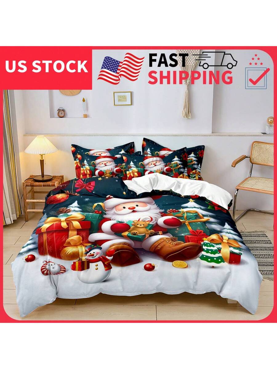 

3pcs Christmas Theme Bedding Set - Santa Snowman 3D Printed Duvet Cover And Pillowcases, Breathable Polyester, Machine Washable EU Twin(135x200cm)