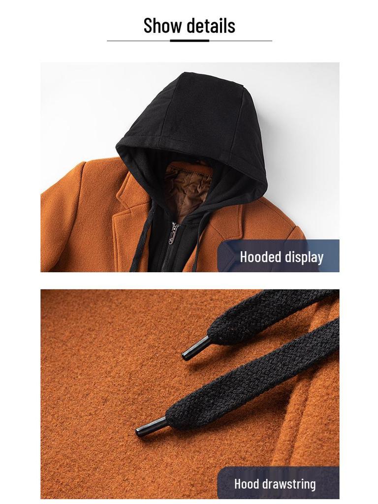 Korean-Style Men's Wool Blend Mid-Length Coat with Removable Hood