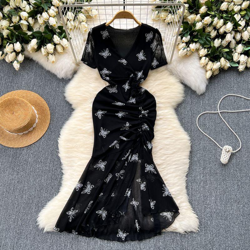 

Женское платье Лето Новое поступление Нишевый стиль Вход Люкс Элегантное платье Сексуальное Плиссированное Завязка Приталенный Юбка «рыбий хвост» Black L