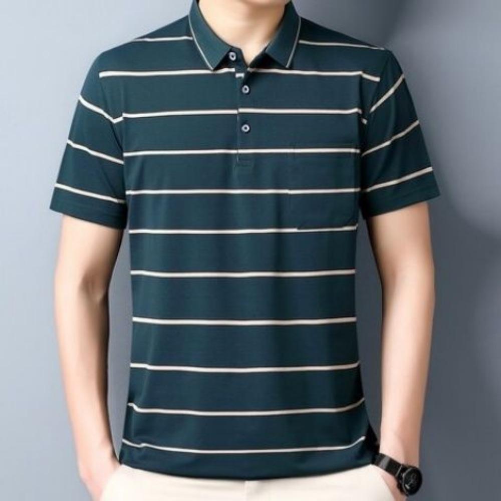 

Свободный крой Повседневный лацкан Хлопковая футболка с коротким рукавом Поло в полоску Деловая для мужчин среднего возраста XXXL зелёный
