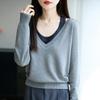 Women S V Neck Long Sleeve Knitted Fake Two Piece Sweater