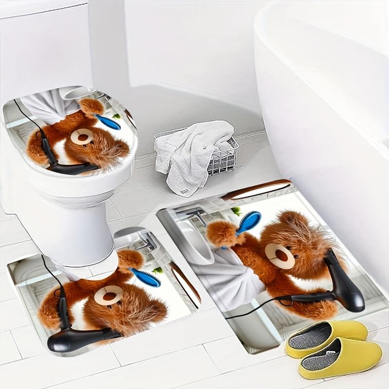 1/4pcs Funny Teddy Bear Shower Curtain Set Cute Animal Drying Hair Pattern Waterproof Fabric Bath Curtain with 12 Hooks Non Slip Rug and Toilet Cover