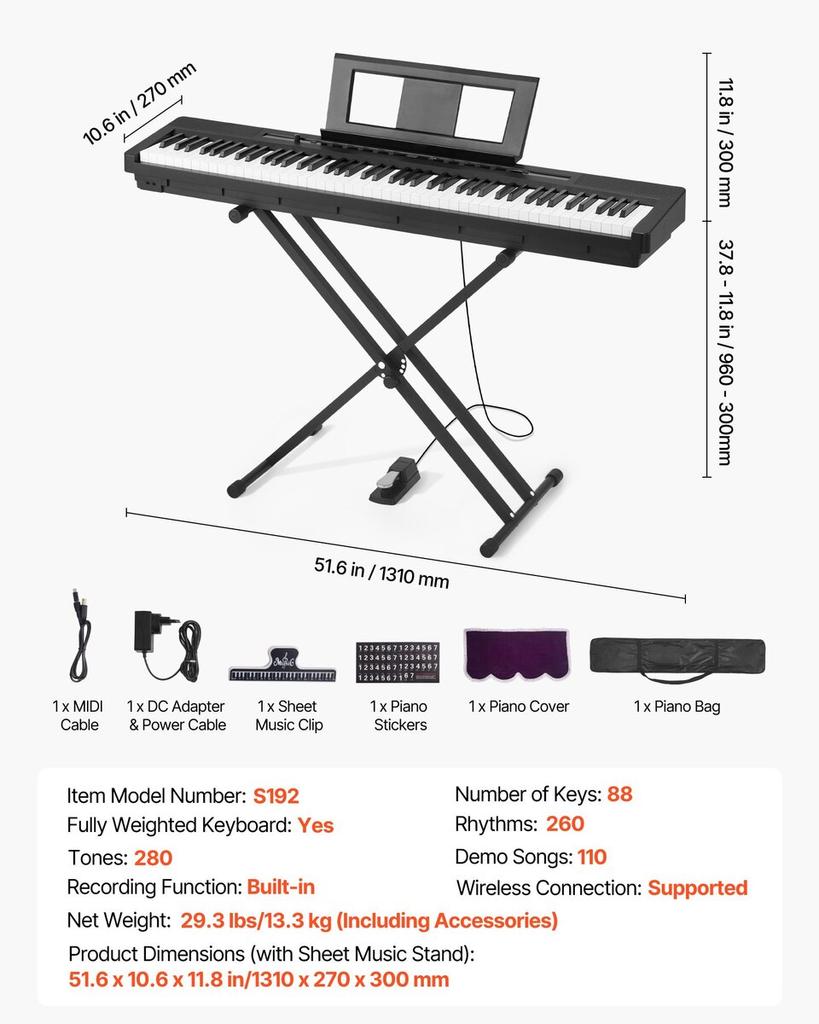 Weighted Digital Piano, 88 Keys Fully Weighted, Electric Piano Dual Keyboard & Speakers with X Stand, Sustain Pedal, Recording Function, 280 Tones,