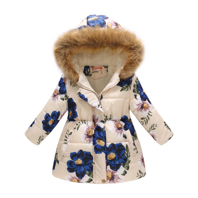 Autumn and Winter Children's Cotton Jacket Boys and Girls Fashion Printing Cartoon Big Boy Long Section Hair Collar Hooded Cotton Coat Jacket
