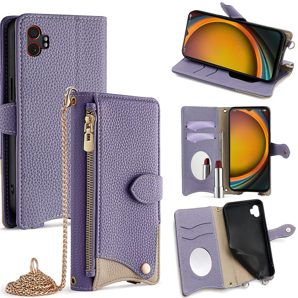 For Samsung Galaxy XCover7 Pro Leather Case Wallet Stand Cover Irregular Tail Style with Chain Strap