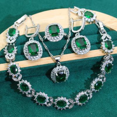European and N White Gold Inlay Green Crystal Earrings Atmosphere Full Dinner Party Wedding Lady Wedding Necklace Set