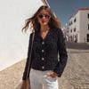 Damski Czarny Krótki Płaszcz Tweedowy z Dekoltem V i Złotymi Guzikami Luźny Dzianinowy Marynarka Długi Rękaw Ubranie Codzienne