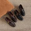 Krazing Pot Sheepskin Round Toe Thick Med Heels Spring Shoes Slip on Big Size 42 Loafers Women Metal Buckle Pleated Pumps
