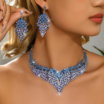 Ladies' Multi Color Diamond Exaggerated Necklace Earrings 2-piece Set Banquet Ball Party Dress with Accessories