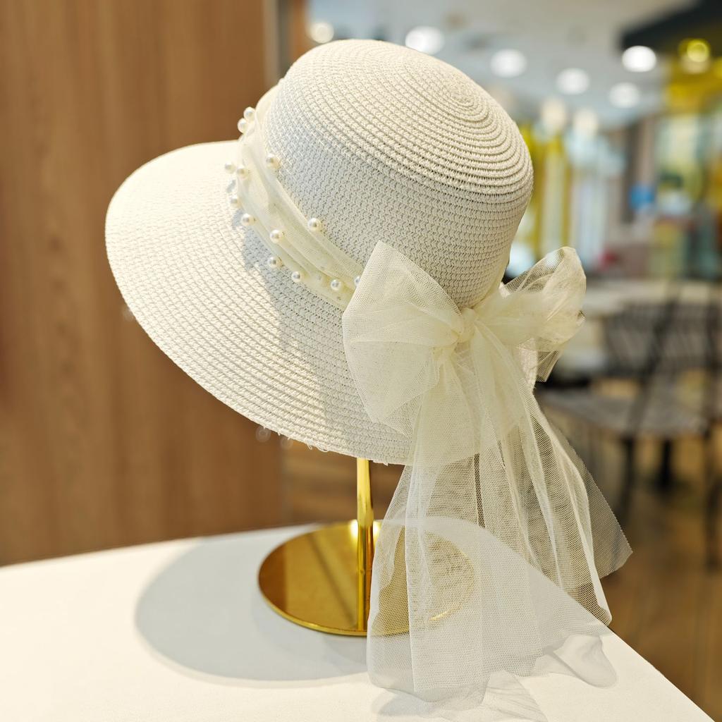 Summer outdoor vacation sunscreen lace pearl brim sun hat women