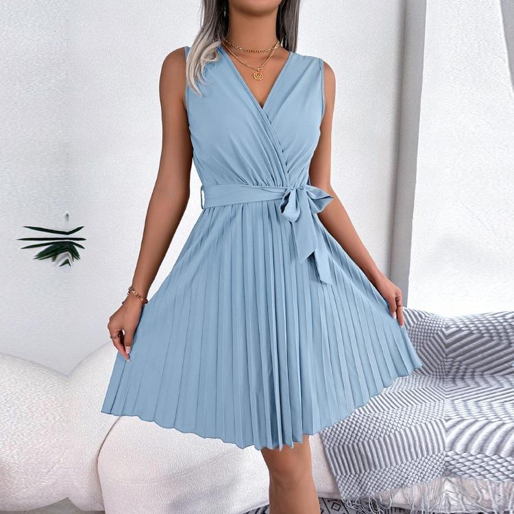 Šik dámské letní bez rukávů s překříženým výstřihem do V, s vysokým pasem na šněrování, jednobarevné, temperamentní, módní jarní šaty