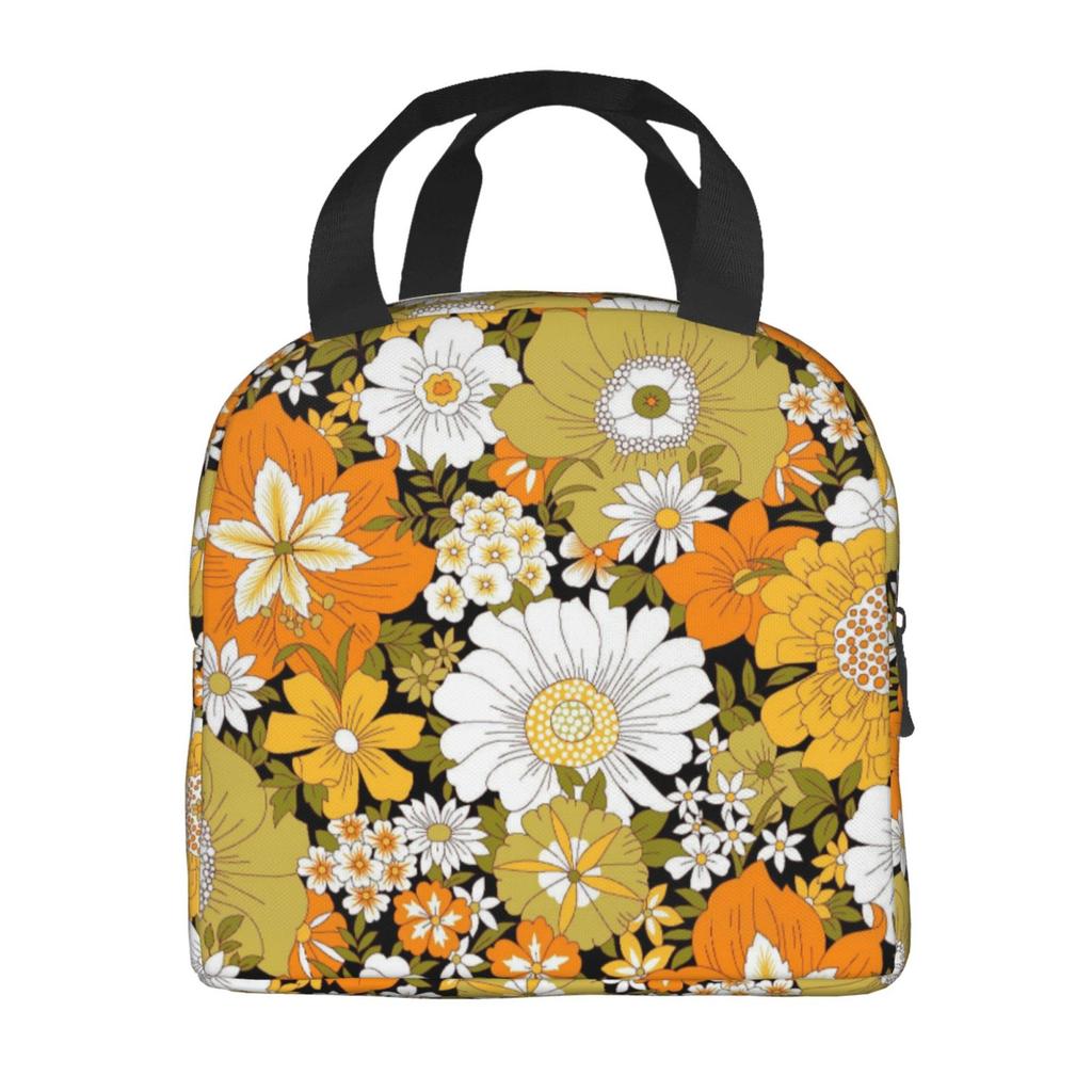 Colorful Boho Floral Bright Blossoms Print Lunch Bag Portable Thermal Cooler Insulated Bento Box for Kids Food Tote Bags
