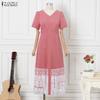 ZANZEA Women Casual V-Neck Short Sleeve Lace Splice Long Dress