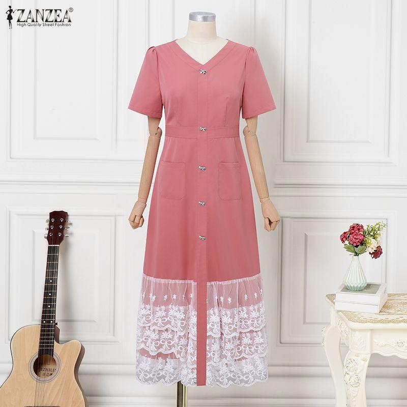 ZANZEA Women Casual V-Neck Short Sleeve Lace Splice Long Dress
