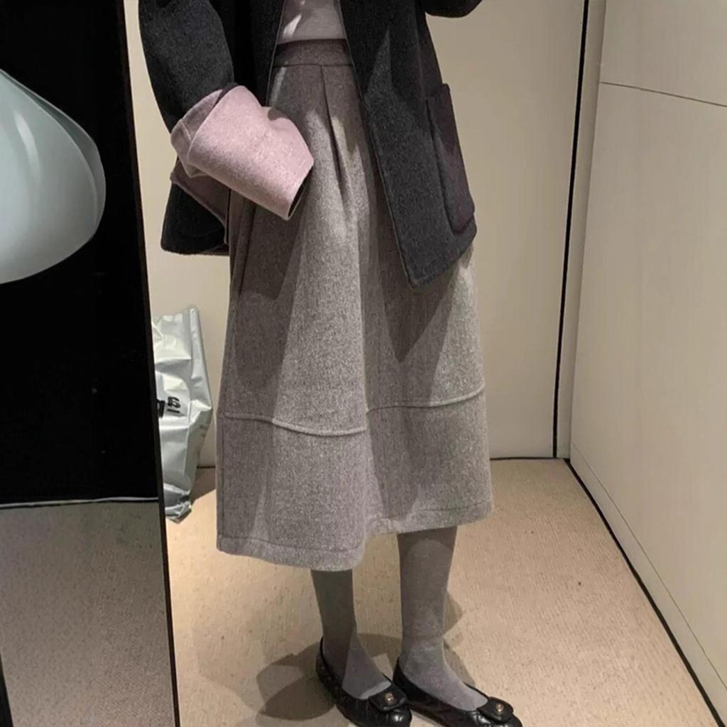 Highly Recommended Mid-Length Woolen Bud-Shaped A-line Skirt for Autumn/Winter - High-Waisted, Slimming, Fluffy Umbrella Design