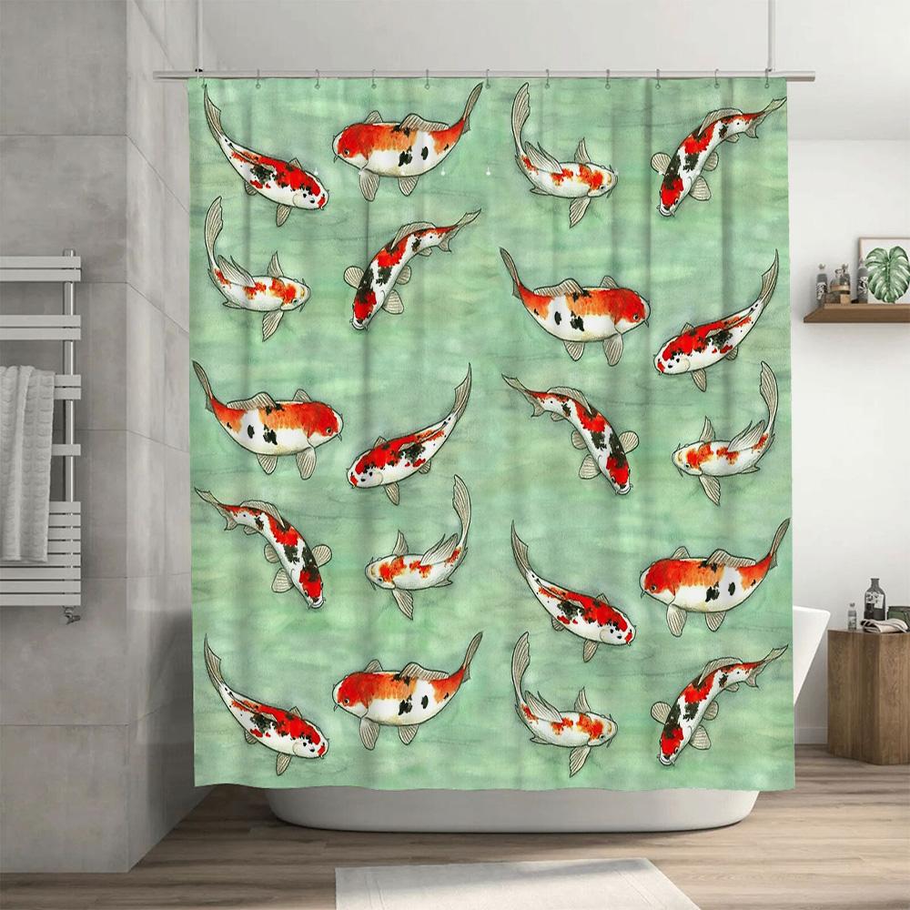 Japanese Koi Fish Shower Curtain Artistic Ocean Blue Bathroom Decor Set Waterproof Modern Pattern Washroom Backdrop