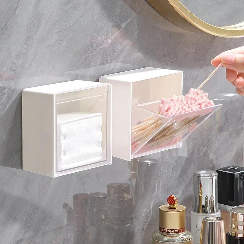 1 STÜCK Wandmontierter Behälterhalter mit Klappdeckel, Wattestäbchenbox, Badezimmer-Organizer-Ablage, Zuhause, Stanzfrei, Kleine Aufbewahrungsbehälter