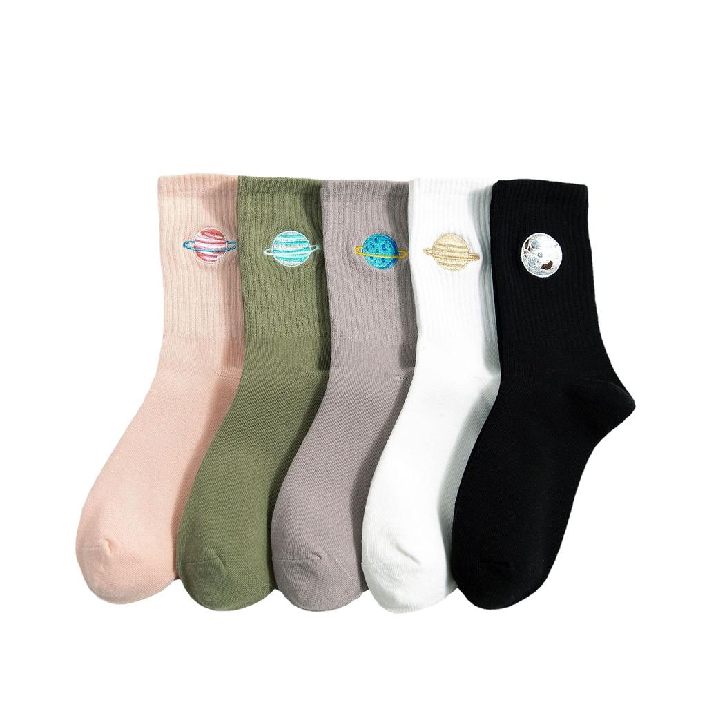 Planet Socks Couple Personality Mid-Leg Socks Trend Embroidered Moon Sports Skateboard Socks Cotton Socks