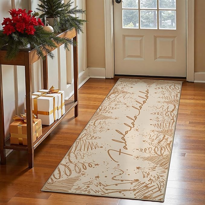 

Christmas Carpet Mat Rug Red Feliz Navidad Text with White Tree Snowflake Pattern Non-slip Floor Mat for Home Decoration Bedroom 40X120CM