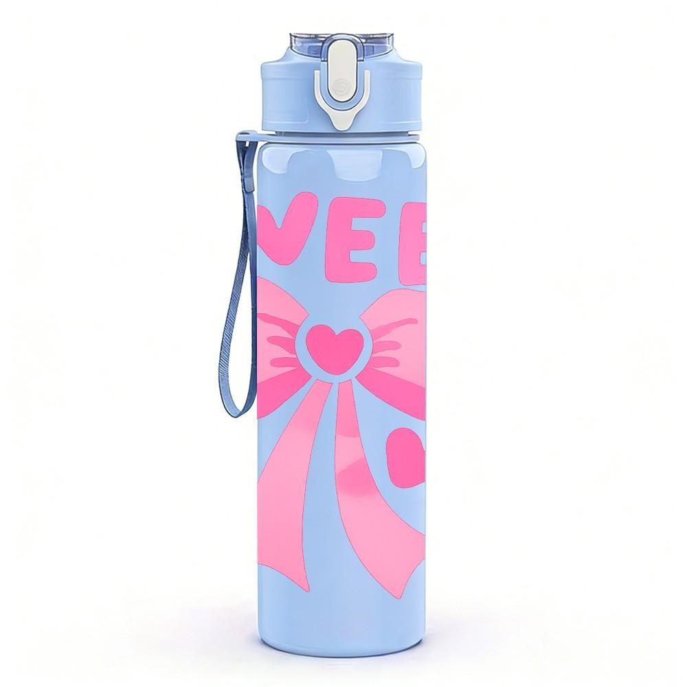 1PC Sweet Bow Pink Text Print 750ml Color Plastic Sports Water Bottle Leakproof Flip Straw Lid Suitable for Sports Office Home Use