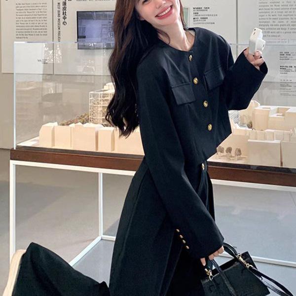 Women's Spring 2026 Black Professional Suit: Popular Two-Piece Set with Straight Wide-Leg Pants and Jacket Top