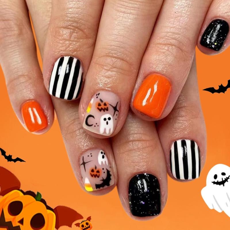 

24Pcs Halloween Fake Nail With Spooky Ghostly Stripes Pumpkin Bat Patterns Plastic Nail Art For Women Party Decoration 1