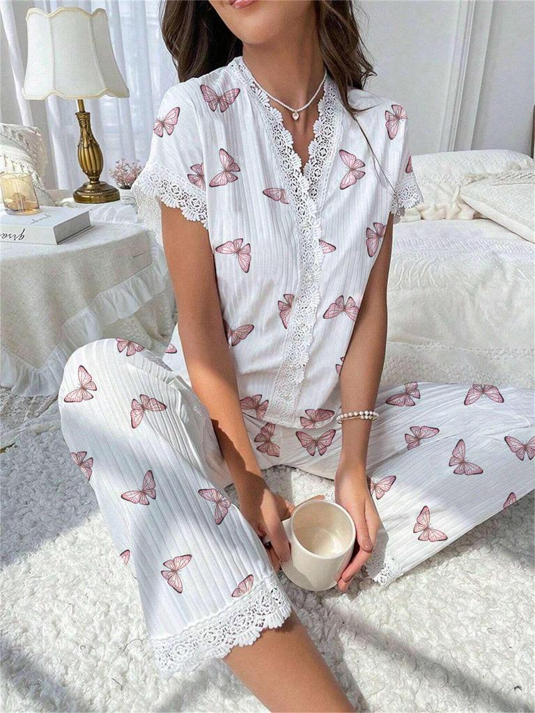 Cherry Print Lace Short Sleeve Pajama Set for Women