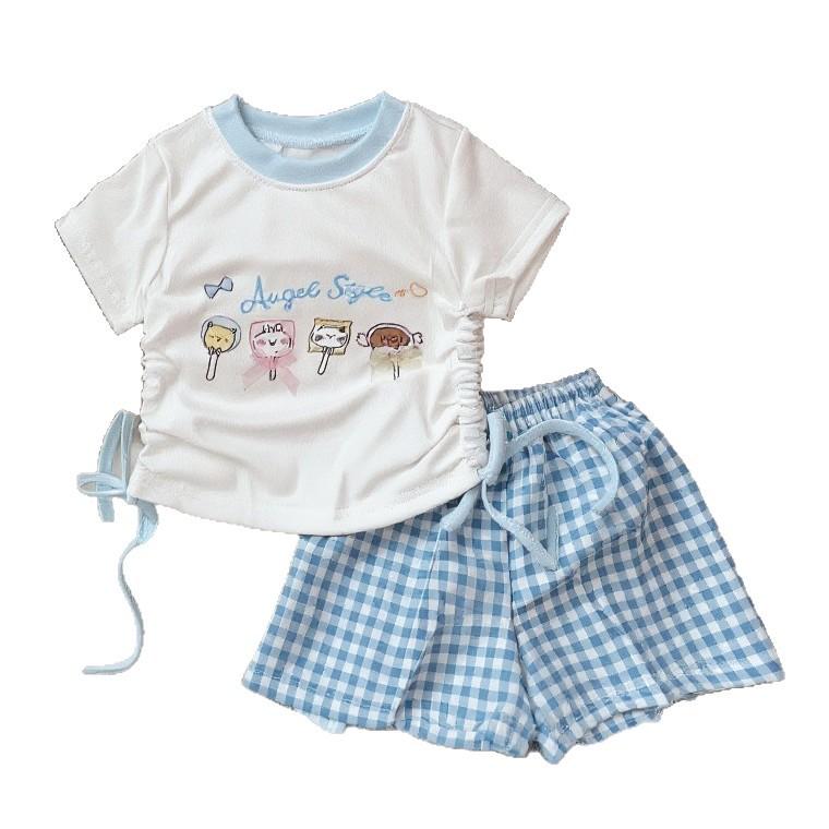 Girls Summer Cartoon Plaid Short Sleeve Top And Shorts Set Cute Baby Casual Two Piece Outfit