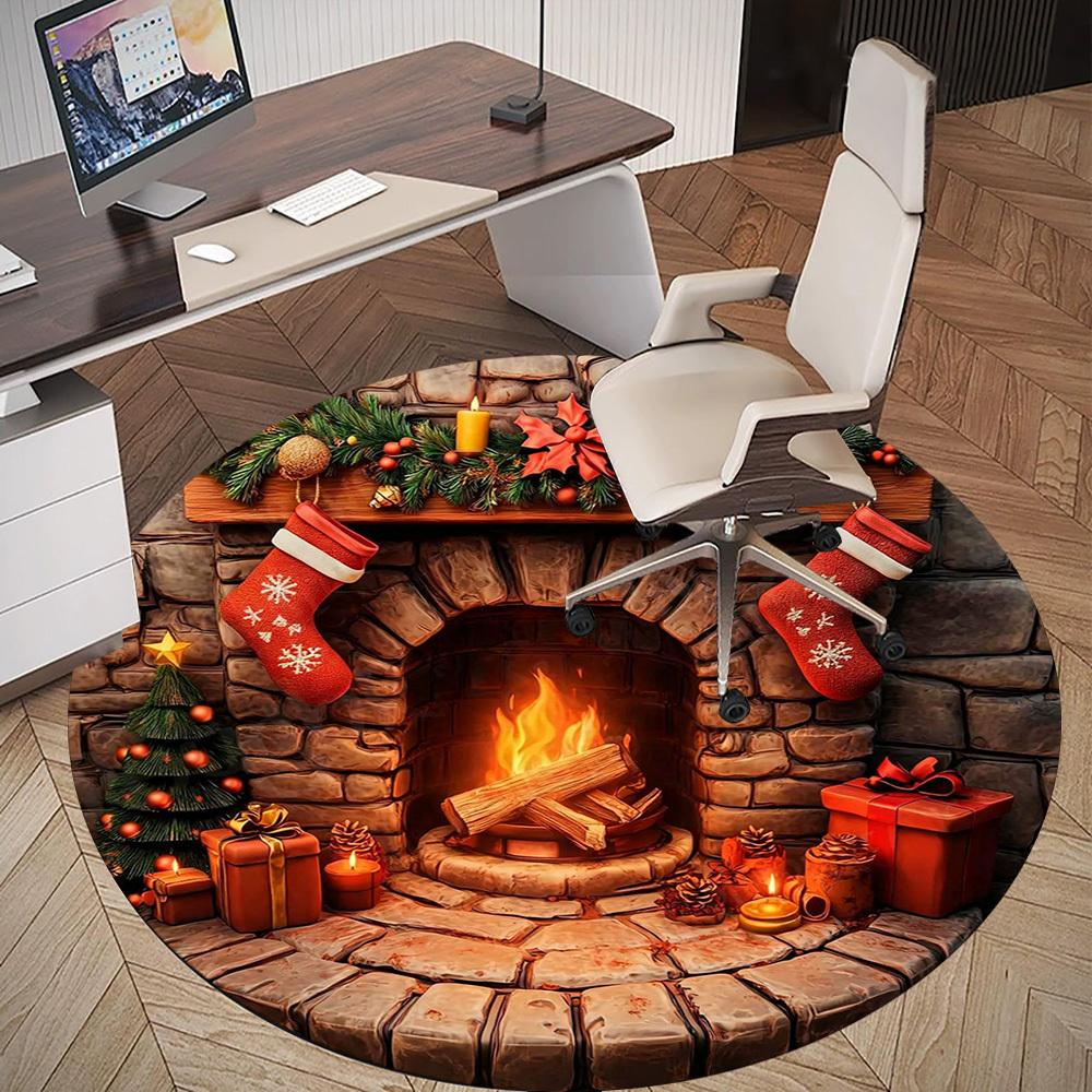 1 Stück Weihnachten Kamin Büro Runder Teppich, Unter Bürostühlen Schlafzimmer Wohnzimmer Heimdekoration, Teppich für Büro, -1110188