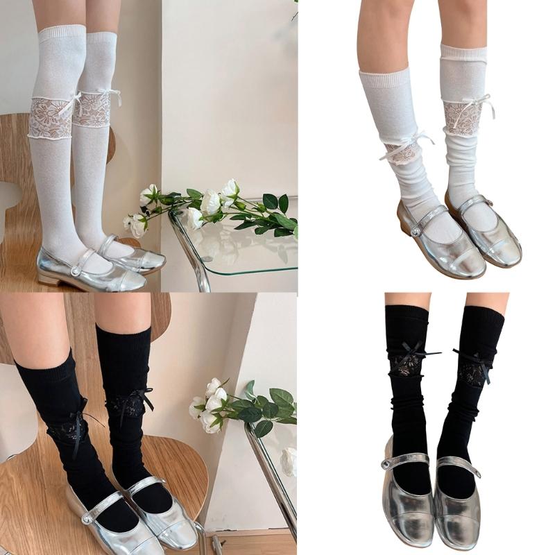 Women Lace Patchwork Calf Sock Knee Length Socks Lacing Up Knee Sock Fashion Mesh Knee Stockings Sexy Mesh Calf Socks