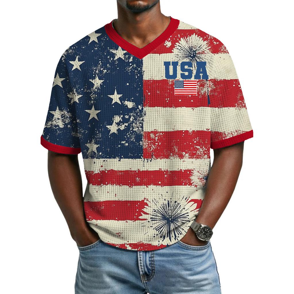 Men's Casual And Fashionable Flag-color Printed Short-sleeved Shirt. Men's Breathable V-neck Short-sleeved Shirt.