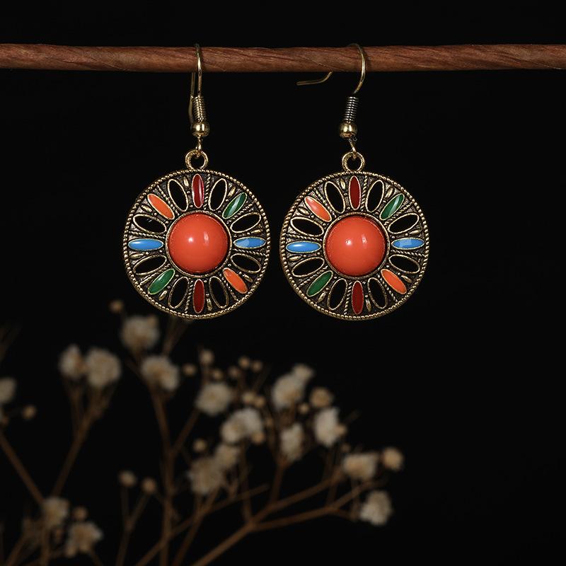 1 Par de Pendientes Largos Colgantes Florales Étnicos con Gota de Aceite para Mujer Moda Femenina Adornos para Orejas Encantadores Accesorios de Joyería