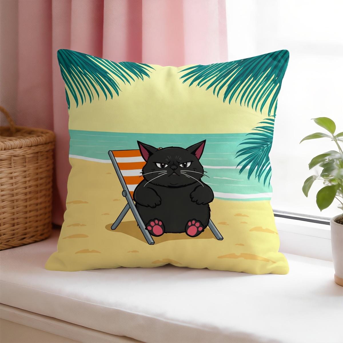 

Cute Black Cat Beach Pillowcase Summer Cartoon Cushion Cover Tropical Palm Tree Decor Fun Home Accent for Living Room Bedroom 40cmx40cm