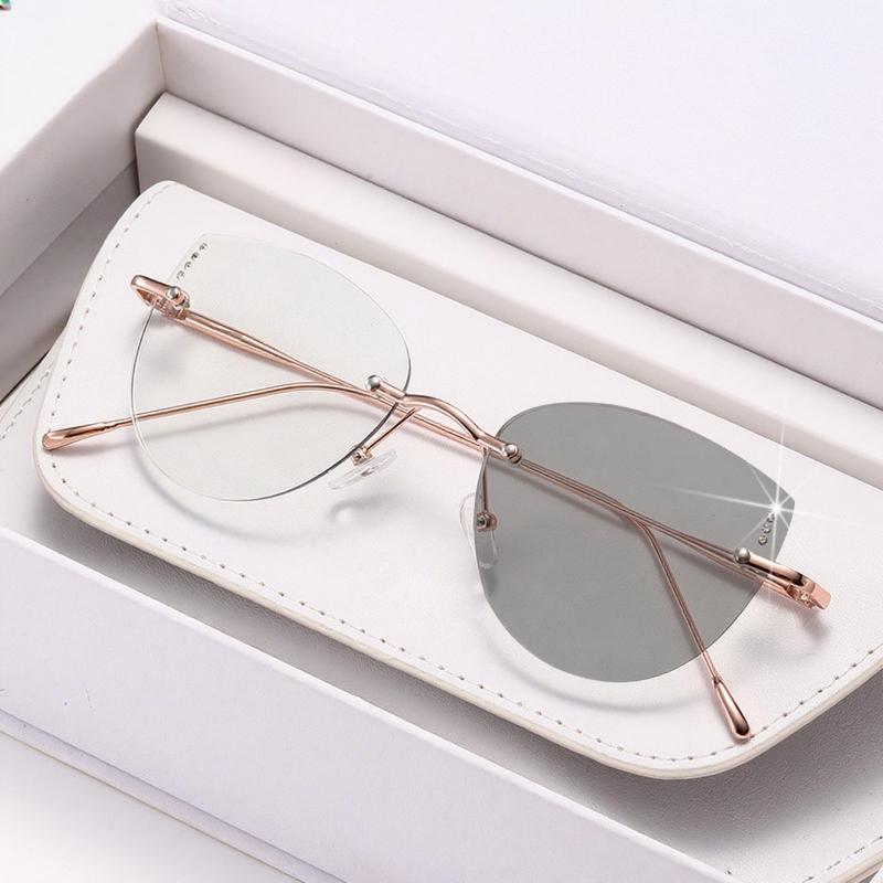 High Quality Frameless Pochromic Myopia Glasses All Titanium Ultra Light Cat Eye Anti Blue Light Glasses Diopter To -4.0
