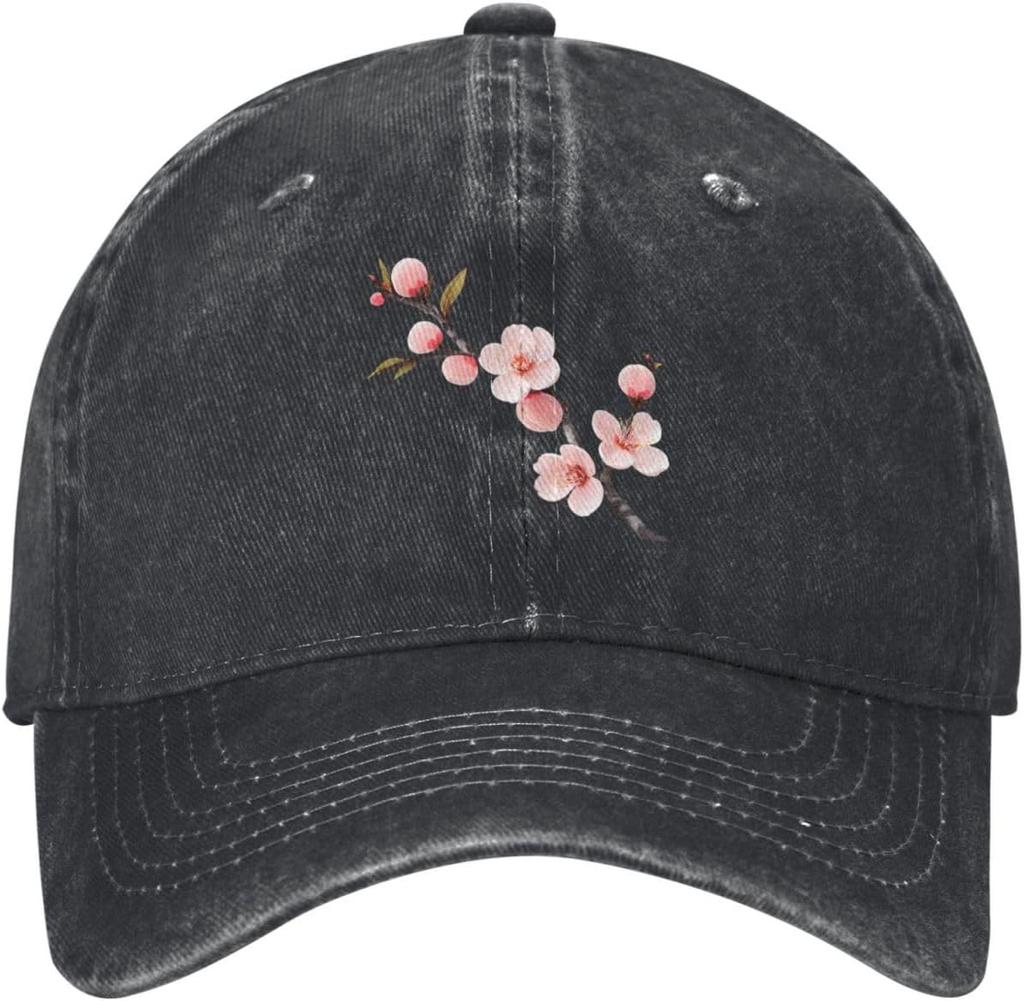 Black Beautiful Peach Blossom Branches Printed Washed Cowboy Baseball Cap for Adults Stylish and Breathable Hat