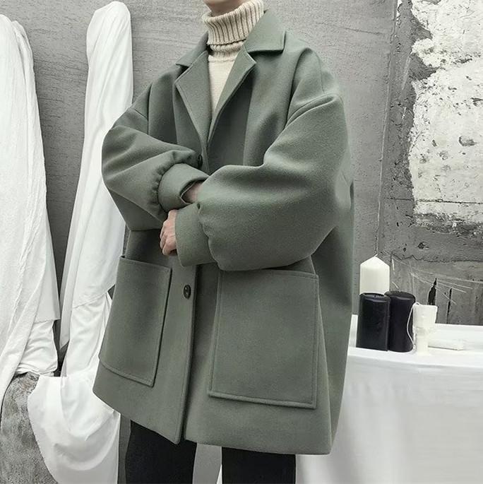 Men's Trendy Mid-Length Wool Coat - Loose Fit, High-End Single-Breasted for Autumn & Winter