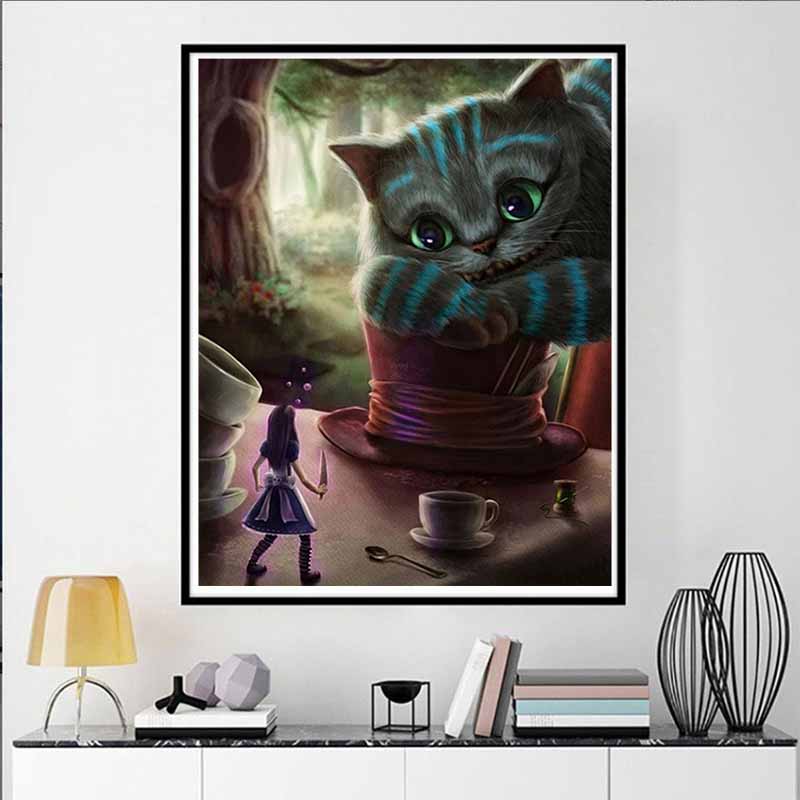 Disney Diamond Painting Cheshire Cat X Alice in Wonderland Dark Fairy Tale Artwork Diamond Mosaic Cross Stitch, Diamond Inlaid Room Decoration Gift