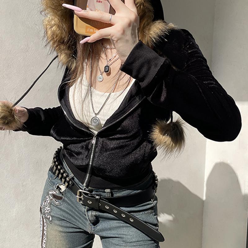 2KWEIRD Y2K Aesthetic Faux Feathers Hooded Cardigan Black Velvet Furry Ball Decorate Zip Up Hoodies Jackets Retro Gothic Coats