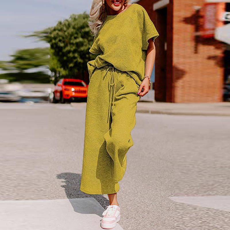 Sets for Women Summer Lounge Sets O-Neck Tops Wide Leg Crop Pants Vacation Travel Outfits