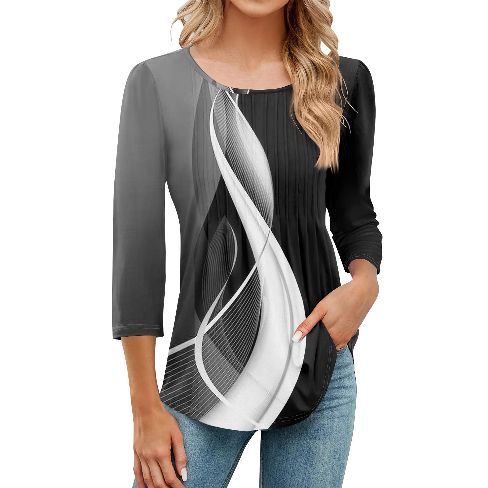 

Женская модная повседневная плиссированная футболка с круглым вырезом и принтом в стиле досуга с рукавом семь четвертей L чёрный